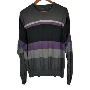 Perry Ellis Mens Sweater XL‎ Gray Black Purple Striped Long Sleeve Cotton Blend